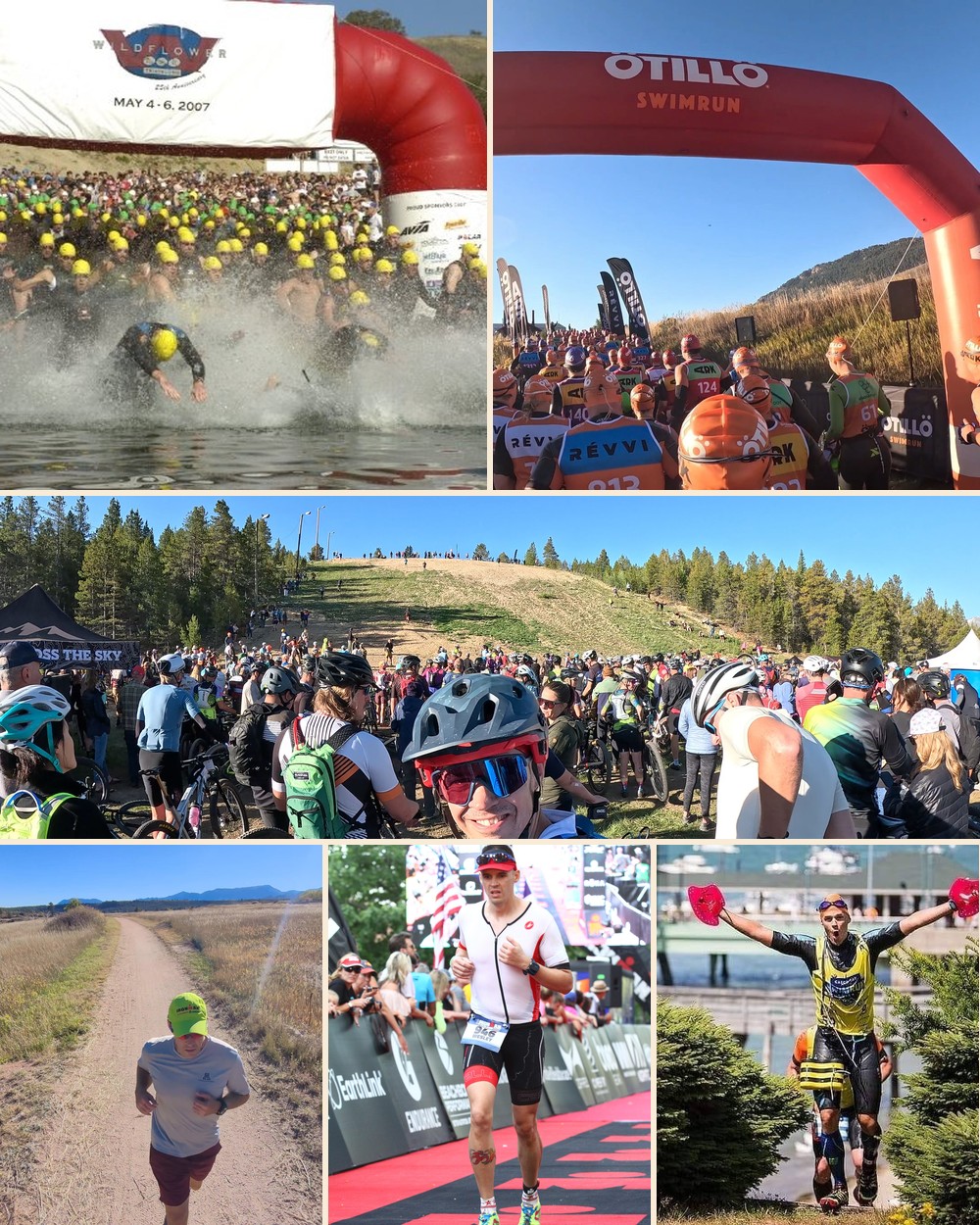 Race day across disciplines: mass swim starts at Wildflower Triathlon and Otillo Swimrun, a mountain bike race start at Leadville, trail running, an Ironman finish line, and a swimrun finish.