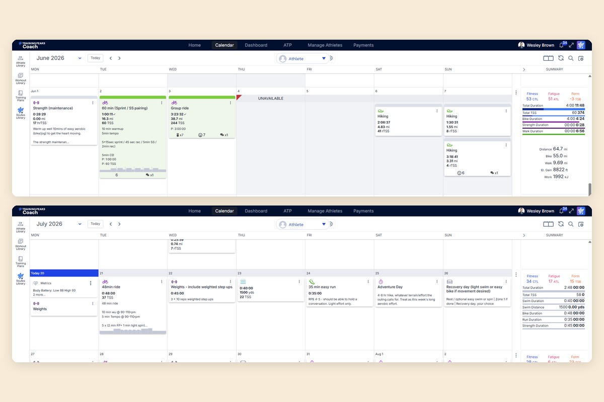 Two example TrainingPeaks training calendars showing individualized weekly plans across strength, cycling, swimming, and hiking.